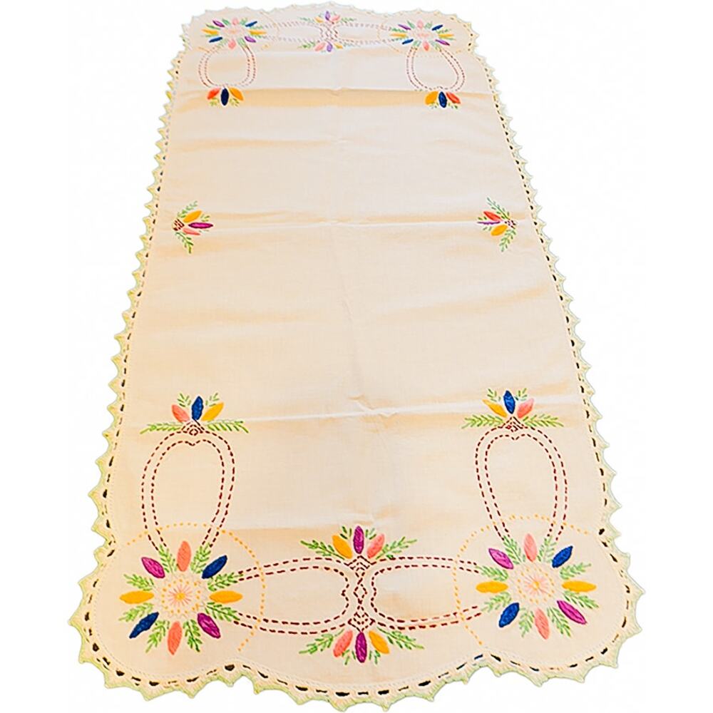 Vintage 40"x17" Hand-Embroidered Floral Boho Tablecloth Runner w/Crochet Trim